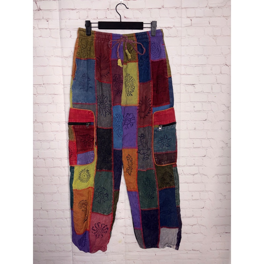 Nepal Patchwork Cargo Pants Cotton Boho Hippie Block Print Joggers Multi S/M